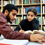 **A diverse group of students studying together at the University of Tripoli in Libya. Show a mix of Libyan and international students collaborating on a project in a modern library setting. Focus on the theme of education and opportunity.**