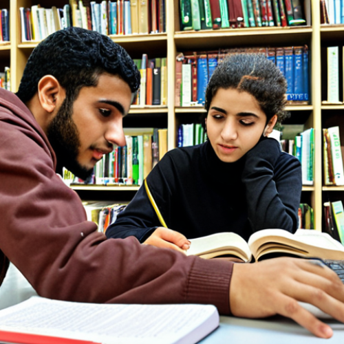 Home 14 **A diverse group of students studying together at the University of Tripoli in Libya. Show a mix of Libyan and international students collaborating on a project in a modern library setting. Focus on the theme of education and opportunity.**