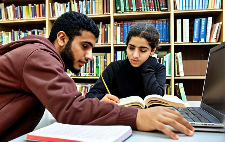 **A diverse group of students studying together at the University of Tripoli in Libya. Show a mix of Libyan and international students collaborating on a project in a modern library setting. Focus on the theme of education and opportunity.**
