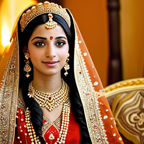 Home 7 A beautiful young Libyan bride in a traditional 'Rubatul Jarr' dress, featuring bright colors, intricate gold embroidery, and luxurious silk fabric. She wears elaborate, heavy golden jewelry and a modest, ornate headpiece. The setting is a warmly lit, elegant interior, possibly during a pre-wedding 'Henna' ceremony with other women in modest, traditional attire in the softly blurred background. The bride is fully clothed, appropriate attire, modest clothing, natural pose, perfect anatomy, correct proportions, well-formed hands, proper finger count, natural body proportions. Professional photography, high quality, safe for work, appropriate content, family-friendly.