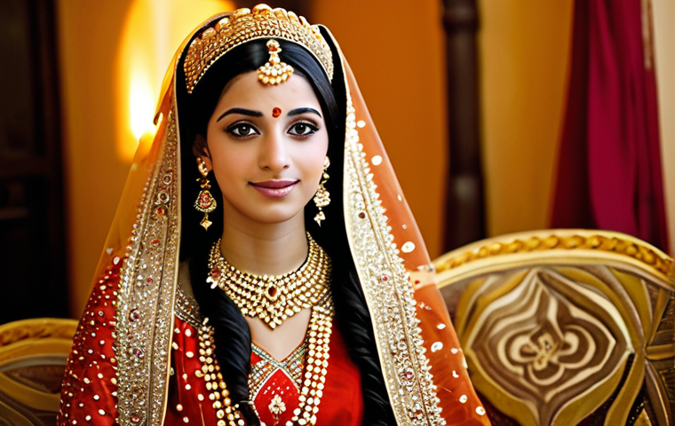 A beautiful young Libyan bride in a traditional 'Rubatul Jarr' dress, featuring bright colors, intricate gold embroidery, and luxurious silk fabric. She wears elaborate, heavy golden jewelry and a modest, ornate headpiece. The setting is a warmly lit, elegant interior, possibly during a pre-wedding 'Henna' ceremony with other women in modest, traditional attire in the softly blurred background. The bride is fully clothed, appropriate attire, modest clothing, natural pose, perfect anatomy, correct proportions, well-formed hands, proper finger count, natural body proportions. Professional photography, high quality, safe for work, appropriate content, family-friendly.