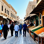 "Bustling Tripoli Old Market scene, narrow streets, stone buildings, diverse shops, fully clothed people, appropriate attire, safe for work, professional photography, natural lighting, correct proportions, family-friendly."