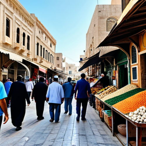 Home 11 "Bustling Tripoli Old Market scene, narrow streets, stone buildings, diverse shops, fully clothed people, appropriate attire, safe for work, professional photography, natural lighting, correct proportions, family-friendly."