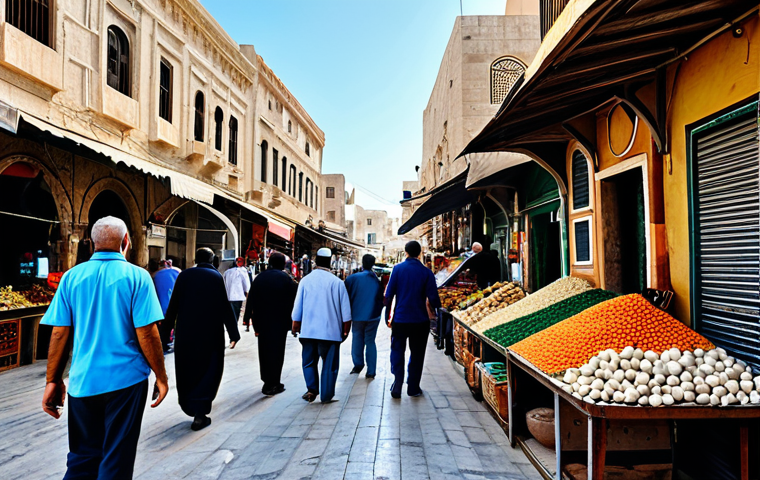 "Bustling Tripoli Old Market scene, narrow streets, stone buildings, diverse shops, fully clothed people, appropriate attire, safe for work, professional photography, natural lighting, correct proportions, family-friendly."