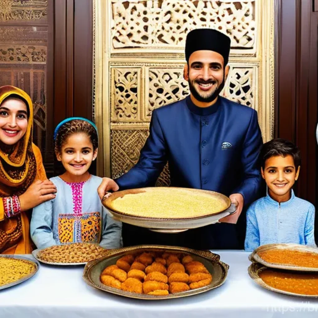리비아의 주요 공휴일과 기념일 - **Prompt: A vibrant Libyan family celebrating Eid al-Fitr in their home. The scene features multiple...
