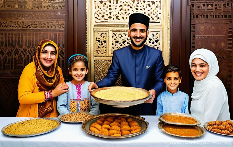 리비아의 주요 공휴일과 기념일 - **Prompt: A vibrant Libyan family celebrating Eid al-Fitr in their home. The scene features multiple...