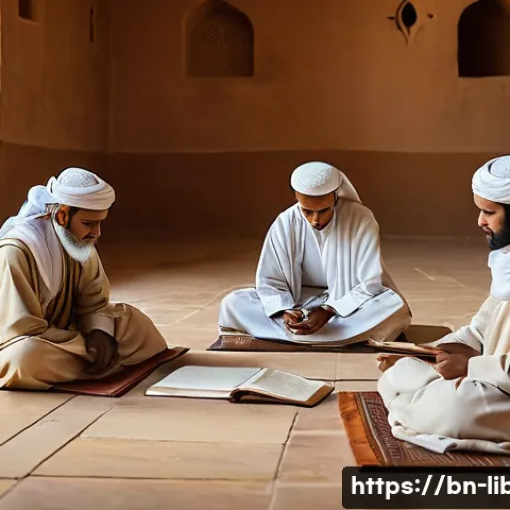 리비아에서 배우는 이슬람 율법 학교 - **Prompt:** A serene, wide-angle shot of an ancient Islamic law school (madrasa) nestled in the vast...