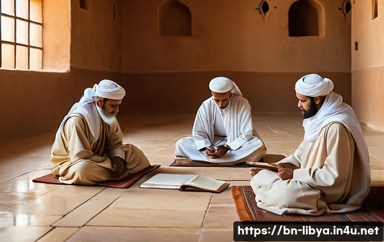 리비아에서 배우는 이슬람 율법 학교 - **Prompt:** A serene, wide-angle shot of an ancient Islamic law school (madrasa) nestled in the vast...