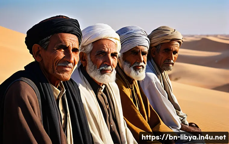 리비아 부족 사회와 전통 - **Prompt 1: Wisdom of the Desert Elders**
"A portrait of a group of wise, elderly Libyan tribal ...