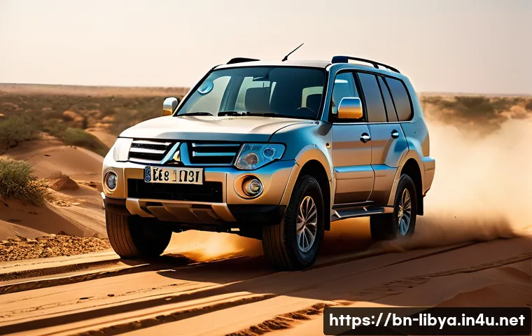 리비아에서 사용되는 주요 차량 브랜드 - A robust and durable Mitsubishi Pajero SUV driving on a rugged, dusty Libyan desert road under inten...