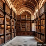 Home 23 리비아의 도서관과 출판 산업 - A grand ancient library interior in Libya, showcasing towering wooden shelves filled with vast colle...