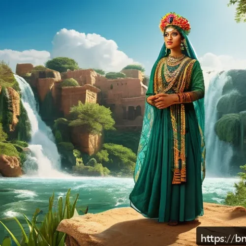 리비아의 신화와 전설적인 이야기 - A detailed and vibrant depiction of an ancient Libyan nature deity symbolizing the river goddess, we...