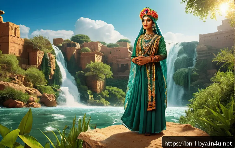 리비아의 신화와 전설적인 이야기 - A detailed and vibrant depiction of an ancient Libyan nature deity symbolizing the river goddess, we...