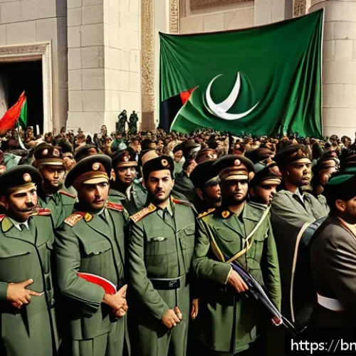 무아마르 가다피 정권과 몰락 - A detailed political scene depicting the 1969 Libyan military coup led by Muammar Gaddafi: show a gr...