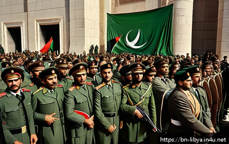 무아마르 가다피 정권과 몰락 - A detailed political scene depicting the 1969 Libyan military coup led by Muammar Gaddafi: show a gr...