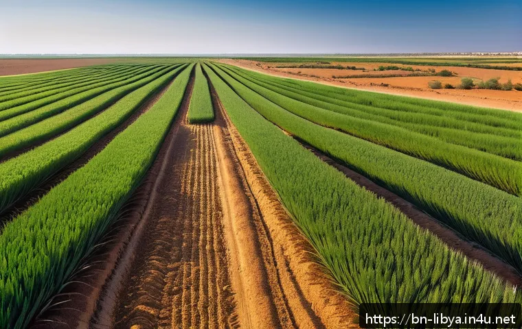 리비아의 농업과 주요 생산물 - A detailed landscape of Libyan agricultural fields near the Mediterranean coast, showing fertile soi...