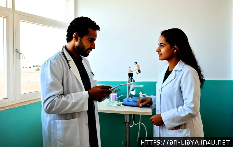 리비아의 보건 의료 시스템 - Photorealistic public hospital clinic in Libya, a compassionate North African doctor in a white coat...